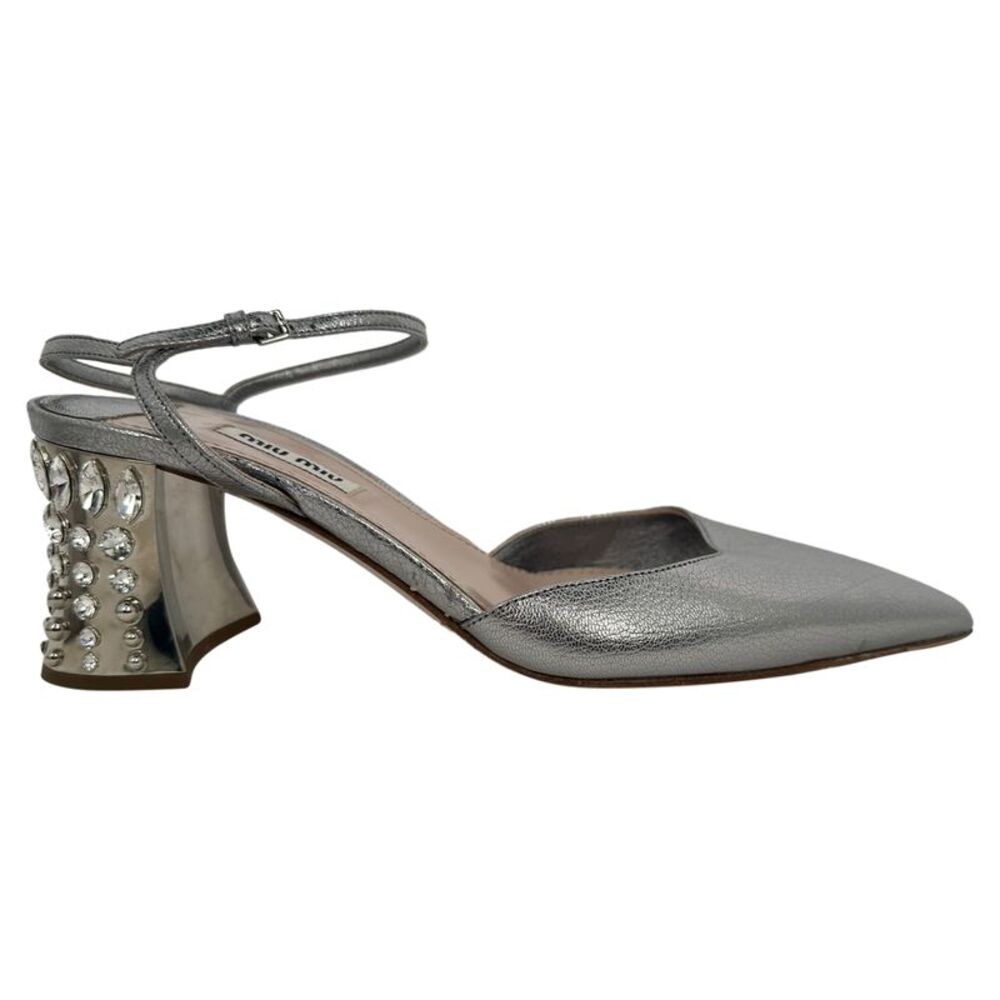 Miu Miu.Pointed-Toe Jewel-Embellished Slingback Block Heels in Silver Leather